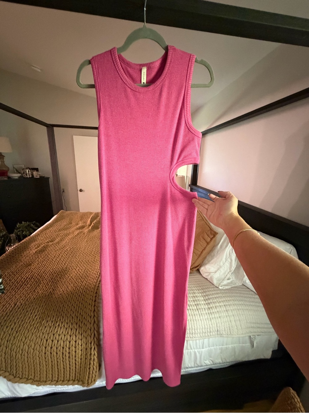 Tyche Hot Pink Ribbed Sleeveless Midi Dress with Side Cutout